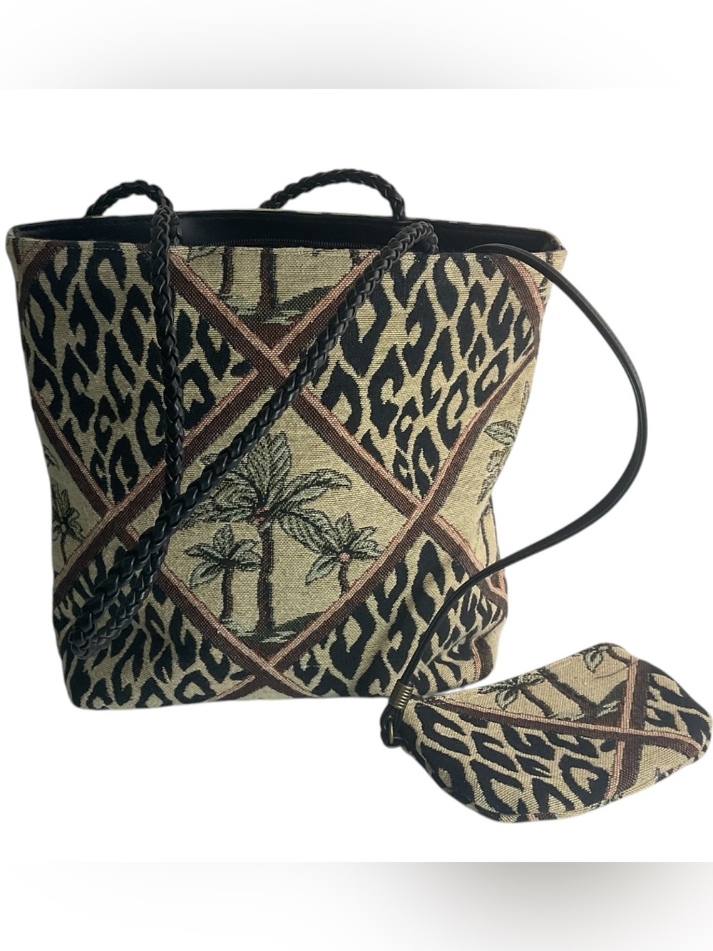 Tapestry Tote Bag Tropical Palm Tree Animal Print Braided Handles Matching Pouch